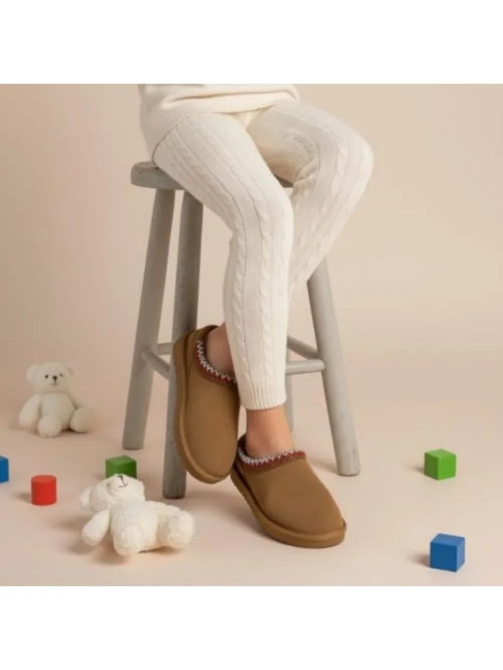 Cozy Suede Leather Kids Slippers - Slip-On Mule House Shoes with Faux Fur Lining